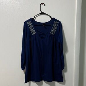 New Directions Deep Blue Blouse with Embroidery